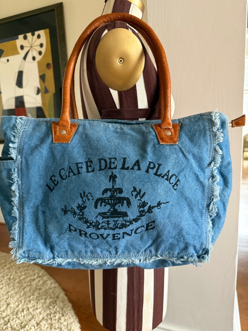 French Provence Denim Market Tote Bag Le Café De La Place Leather Frayed Canvas